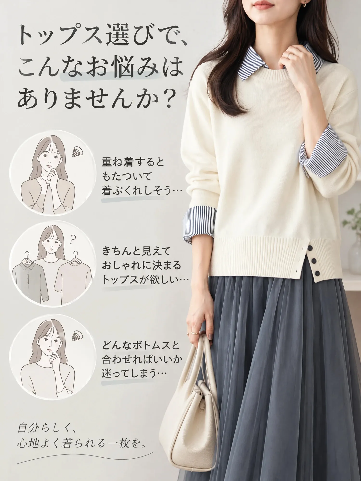 【レディース レイヤード風 ストライプ切替 長袖ニット】