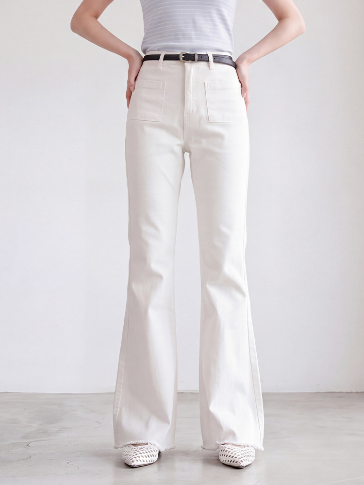 sosove-双兜磨白牛仔微辣长裤