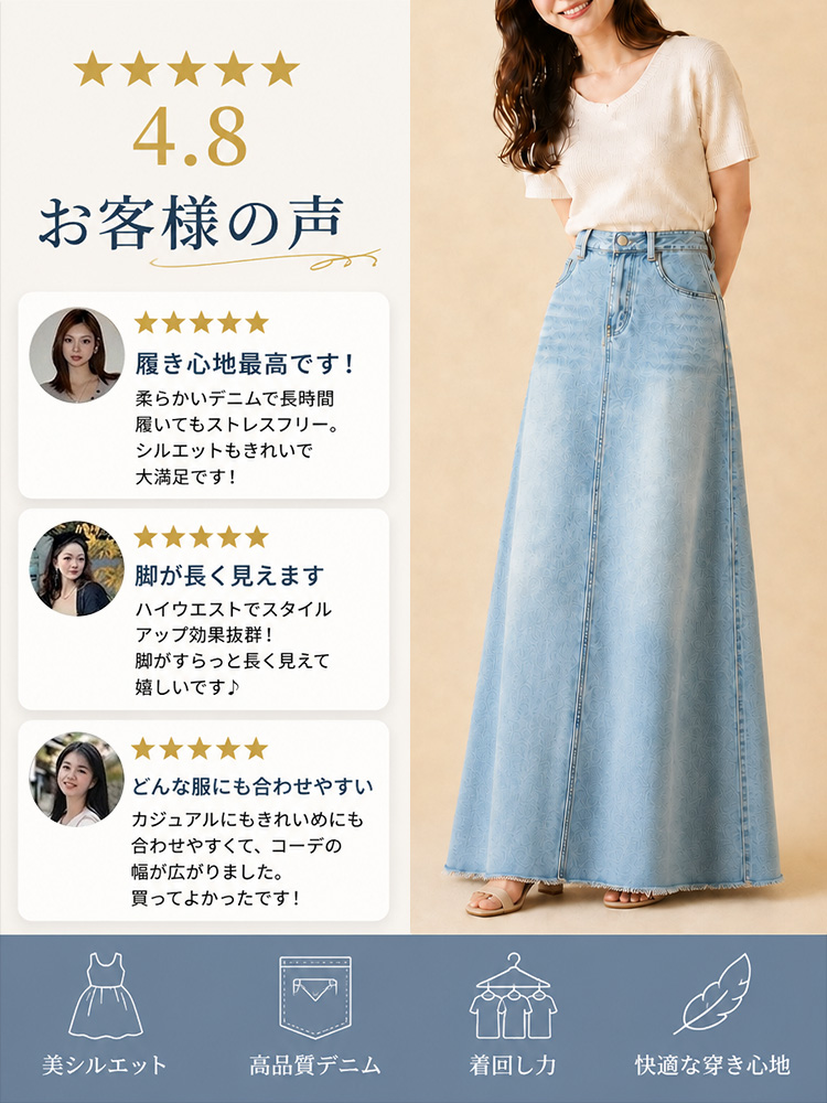 【Aライン デニムロングスカート】体型を選ばず、大人女性の究極の「ミニマリズム」を実現。おしゃれ必須アイテム、毛羽立ち裾、ウォッシュ加工