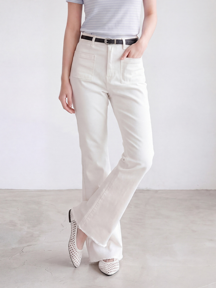 sosove-双兜磨白牛仔微辣长裤