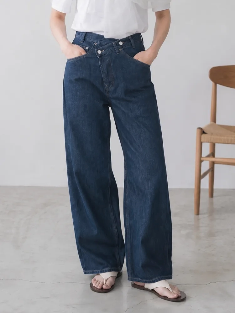 【タイム限定 さらに47%OFF~~~】斜めボタンワイドデニム｜個性的な斜めデザインでウエストすっきり オールシーズン対応