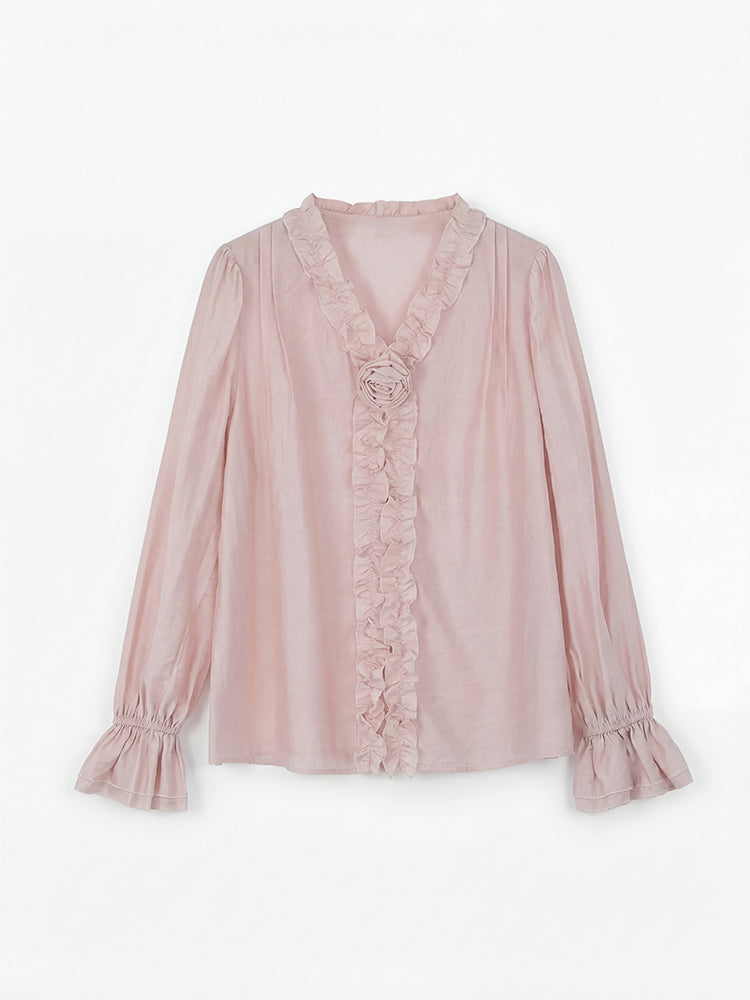 【フレンチシャツ】フリル & 立体フラワーで優しい雰囲気、薄手で通気性抜群、軽やかな着心地