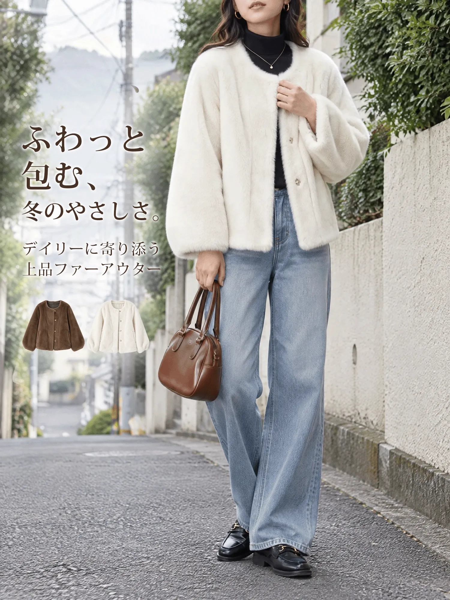 【エコファーショートコート · ふんわり暖かく、華やかに引き立つ一着】