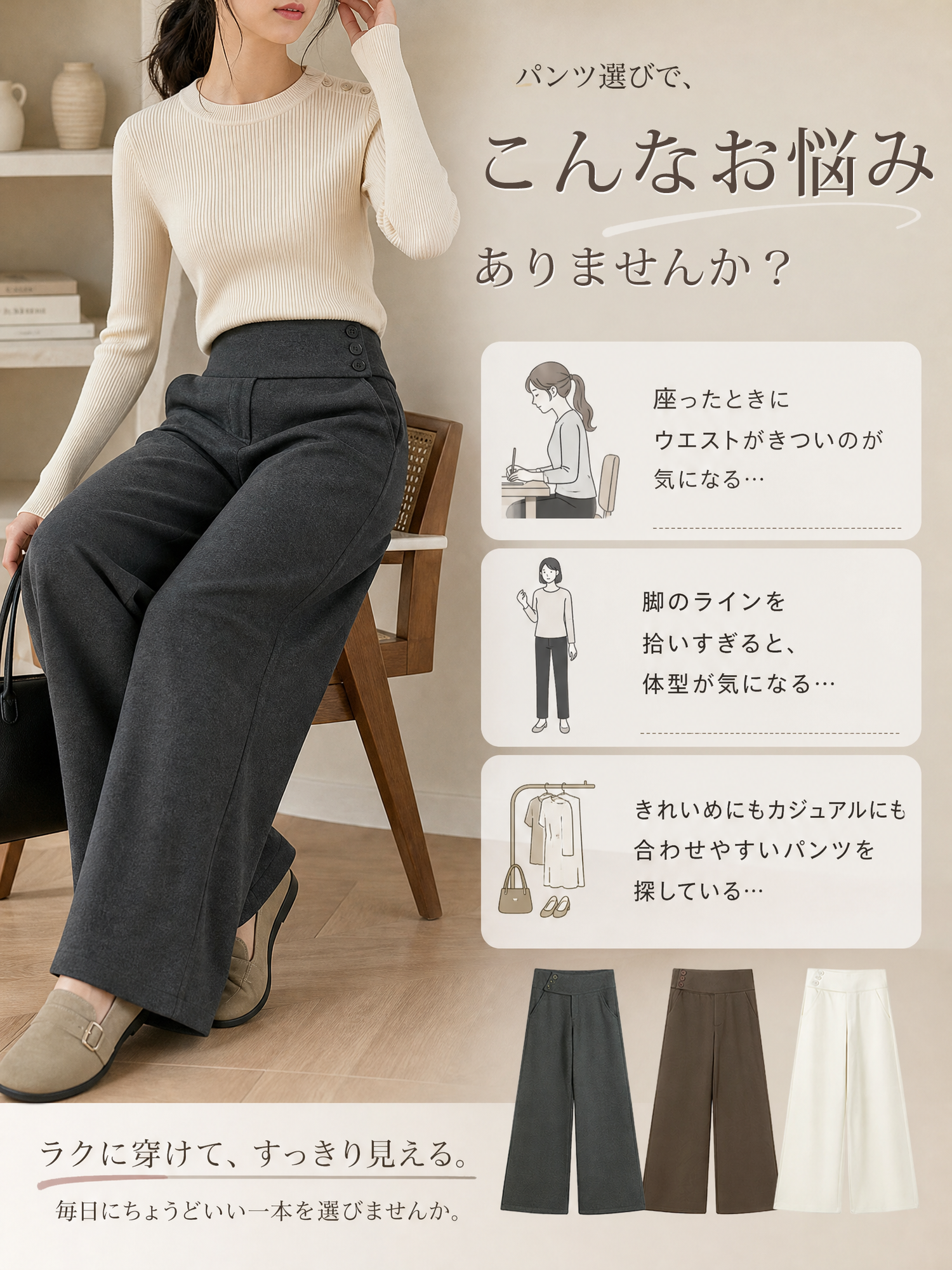 【ウールライクな落ち感ワイドスラックス · サイドボタン付きロング丈】斜めに切り替えたハイウエストで、腰まわりをすっきり