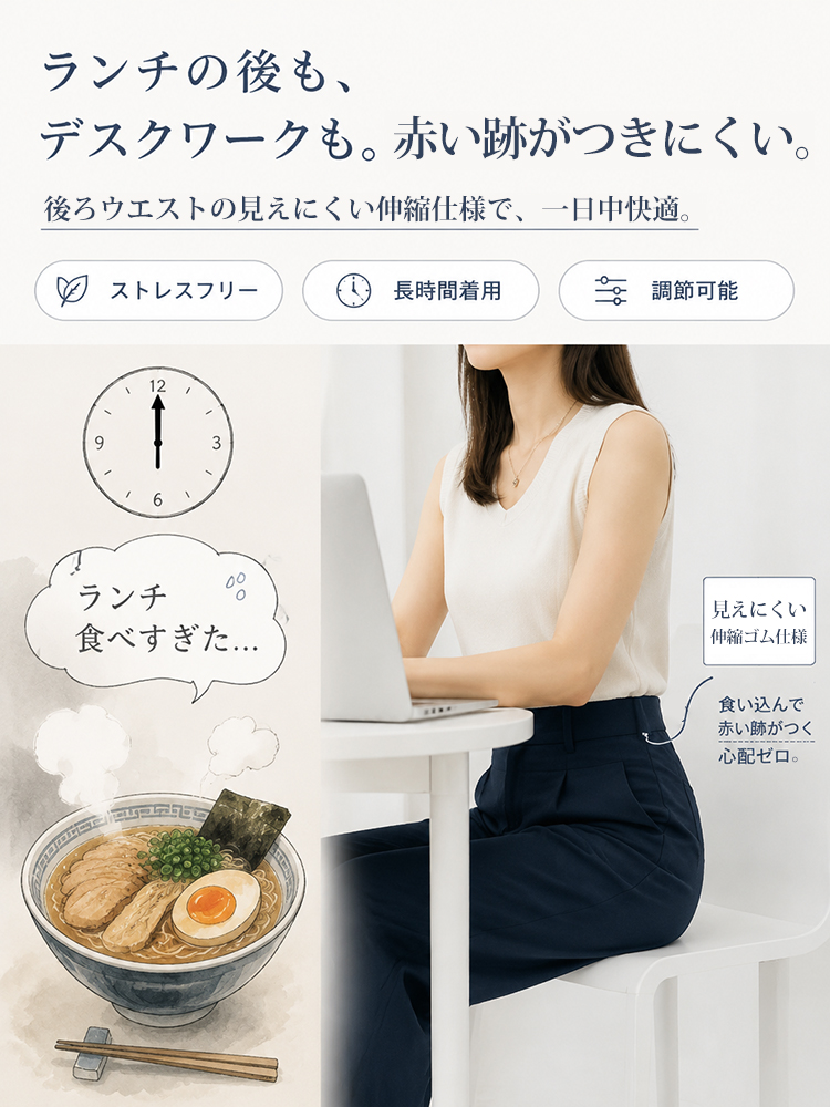 【綿麻ハイウエスト クワイエットラグジュアリーワイドパンツ】 幅広ウエスト切り替えと立体タックで、お腹まわりと脚のラインをすっきりカバー。 ハリのある綿麻素材で、力を抜いても品よく決まる一本。