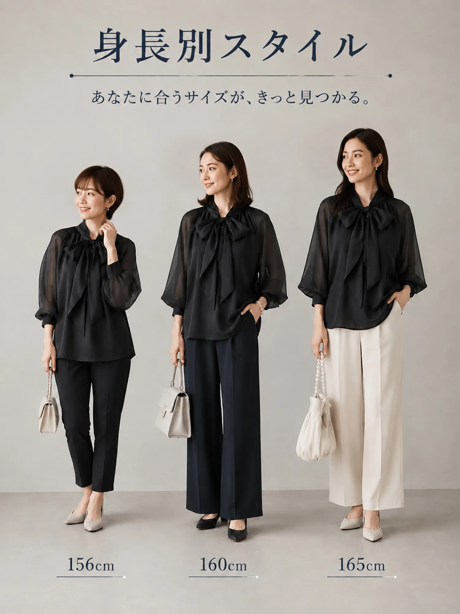 【前後2WAY着用・着痩せ見えボウタイブラウス】 立体感のある大きめボウタイを前後どちらでも楽しめる2WAYデザイン。気分に合わせて着こなしを変えられ、大人女性らしい上品で華やかな印象に仕上がります。