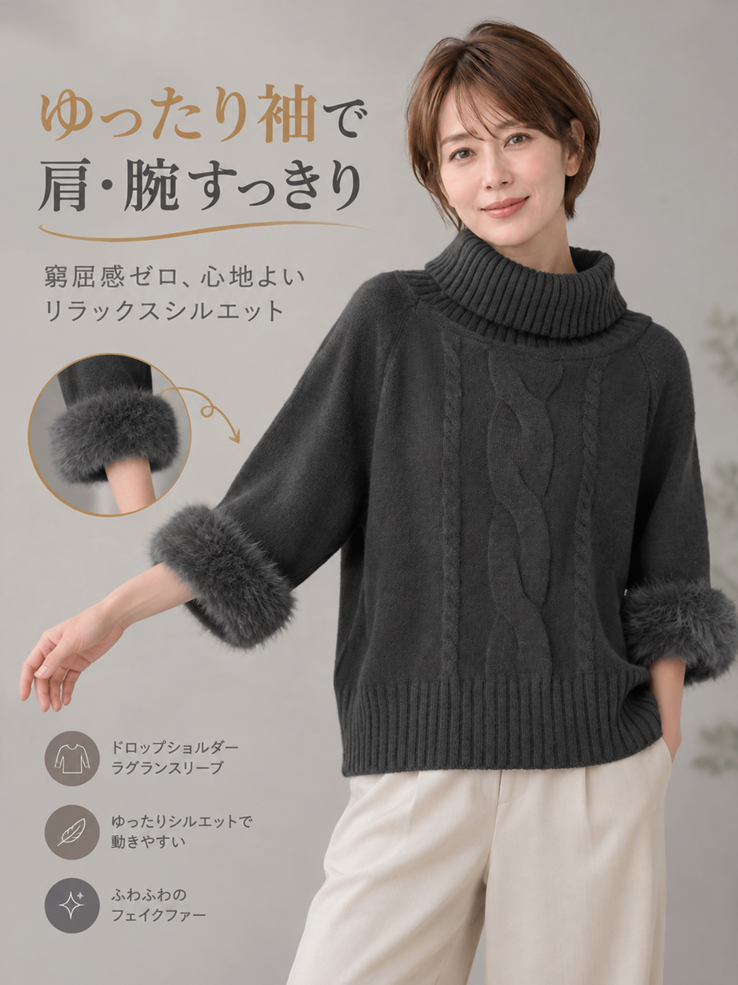 【ニュアンス漂う ファー切替 ワイドハイネック コンパクトニット】