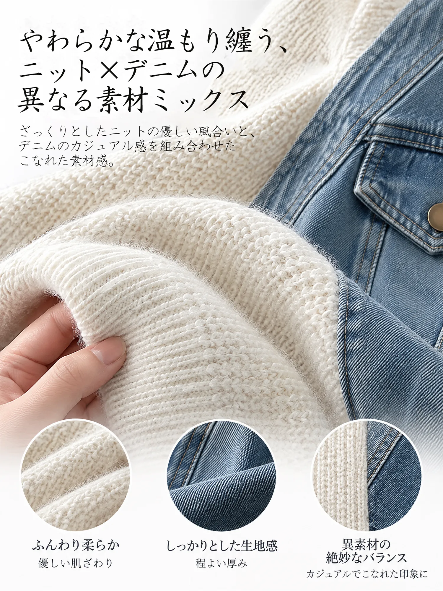SOSOVE‐デザイン性 不規則デザイン デニム切替 ニットアウター／ニットジャケット