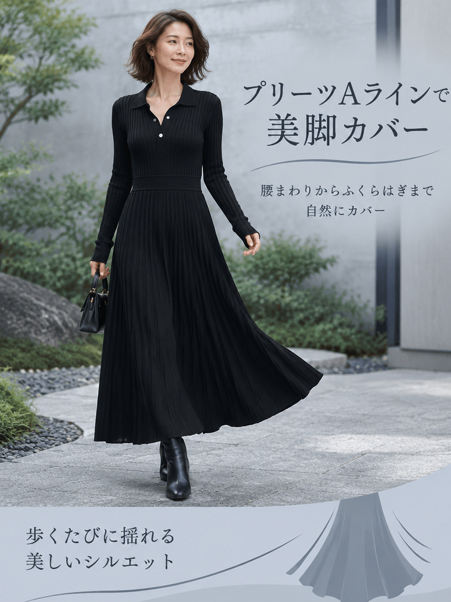 【襟付きリブニット ウエストシェイプAラインプリーツワンピース】縦リブですっきり見え、ウエストラインを美しく演出。