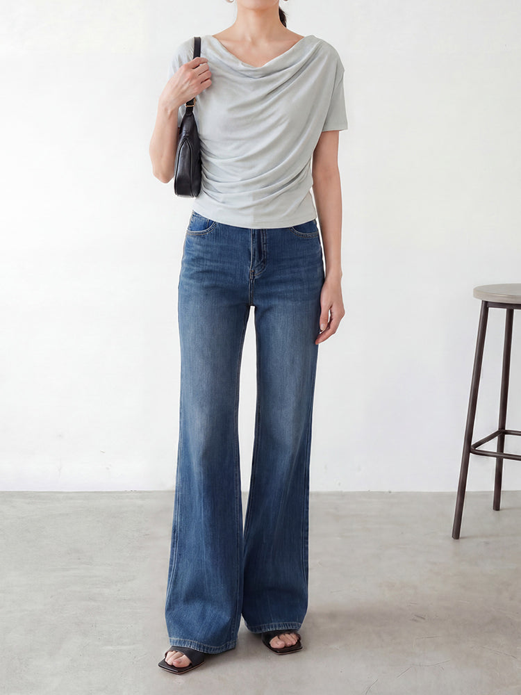 【ドレープハイウエスト微フレアジーンズ】柔らか素材・シワ知らず・脚に貼りつかない・脚長補正・万能シーン対応