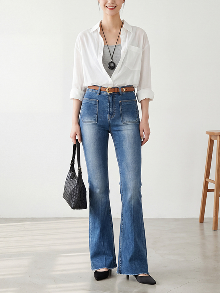 sosove-双兜磨白牛仔微辣长裤