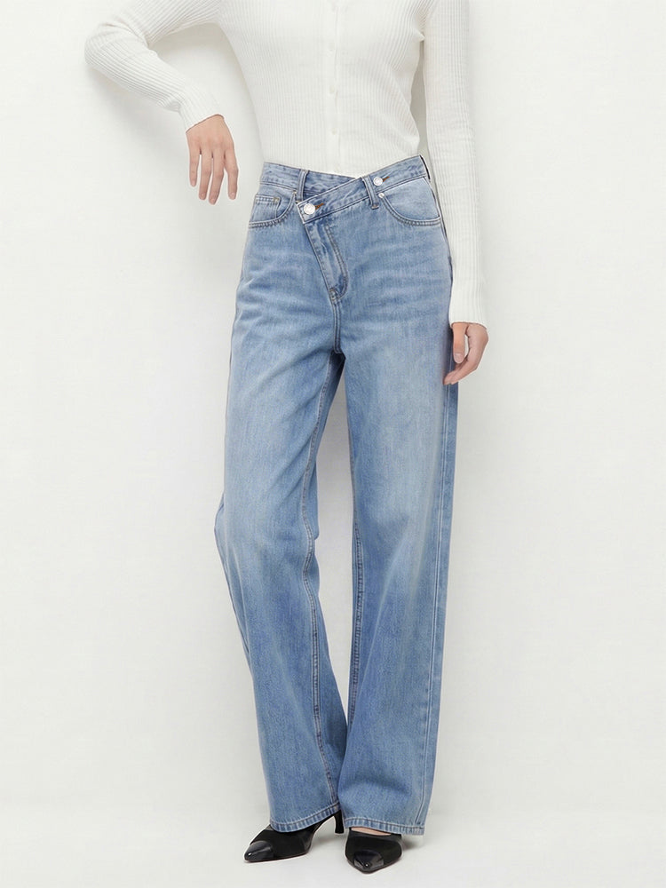 【 タイム限定 さらに20%OFF】斜めボタンワイドデニム｜個性的な斜めデザインでウエストすっきり オールシーズン対応【大きめサイズですので、ワンサイズ下をおすすめします】