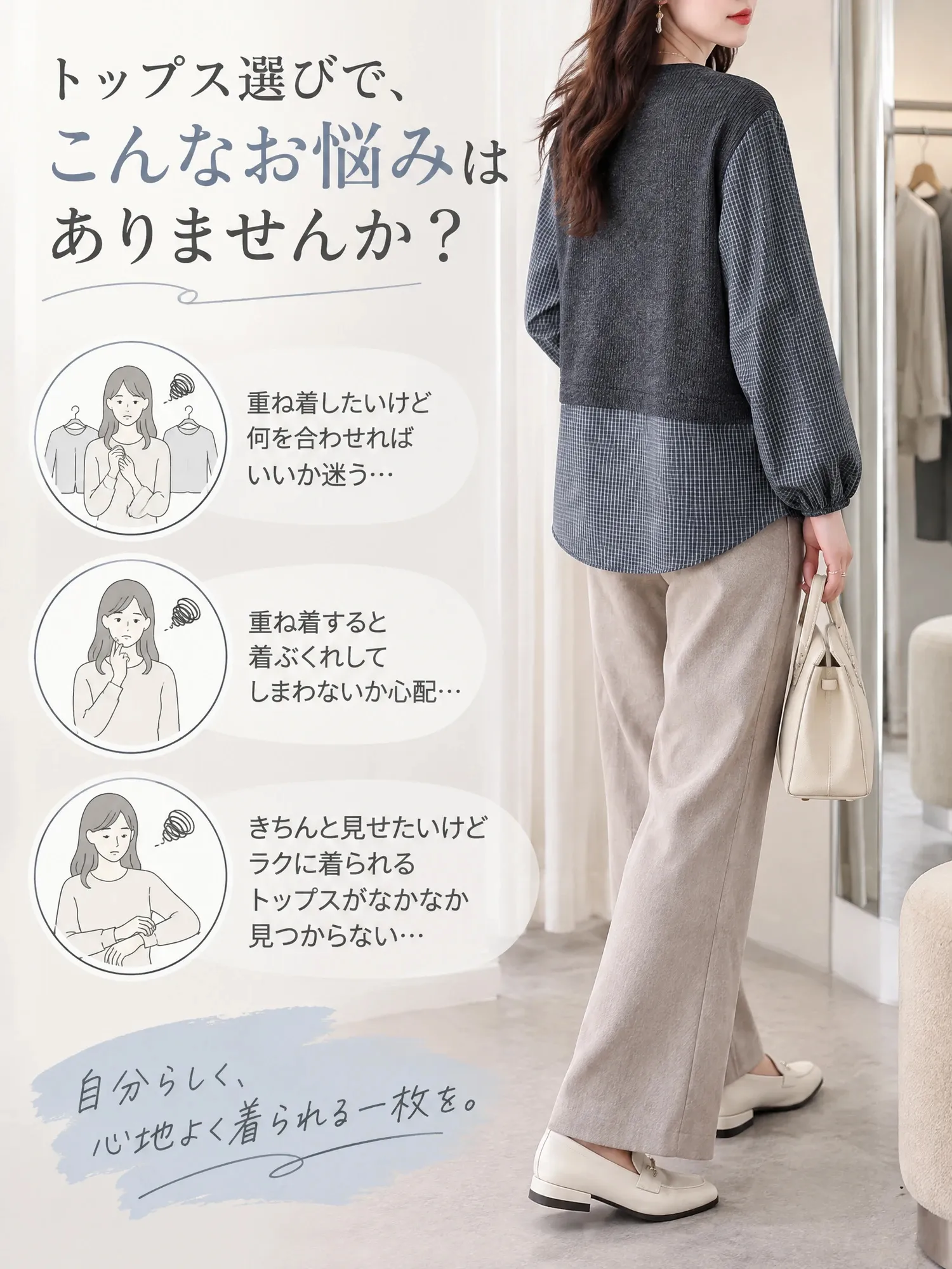 【ニット切り替えチェック柄レイヤード風ブラウス】