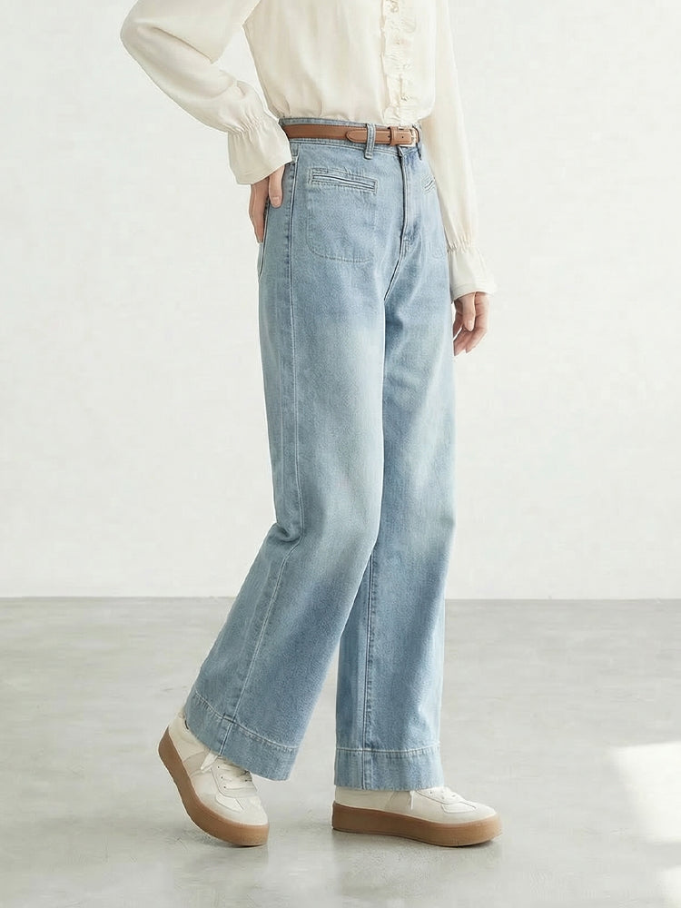 【ハイウエストスリムストレートデニムパンツ】 ハイウエストデザインで低身長さんに最適、 スラッと脚長効果でスタイルアップ"