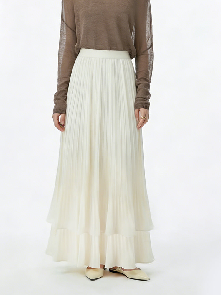 【二重プリーツロングスカート】下半身太りカバー、オールシーズン対応、スタイルアップ＆優しい雰囲気