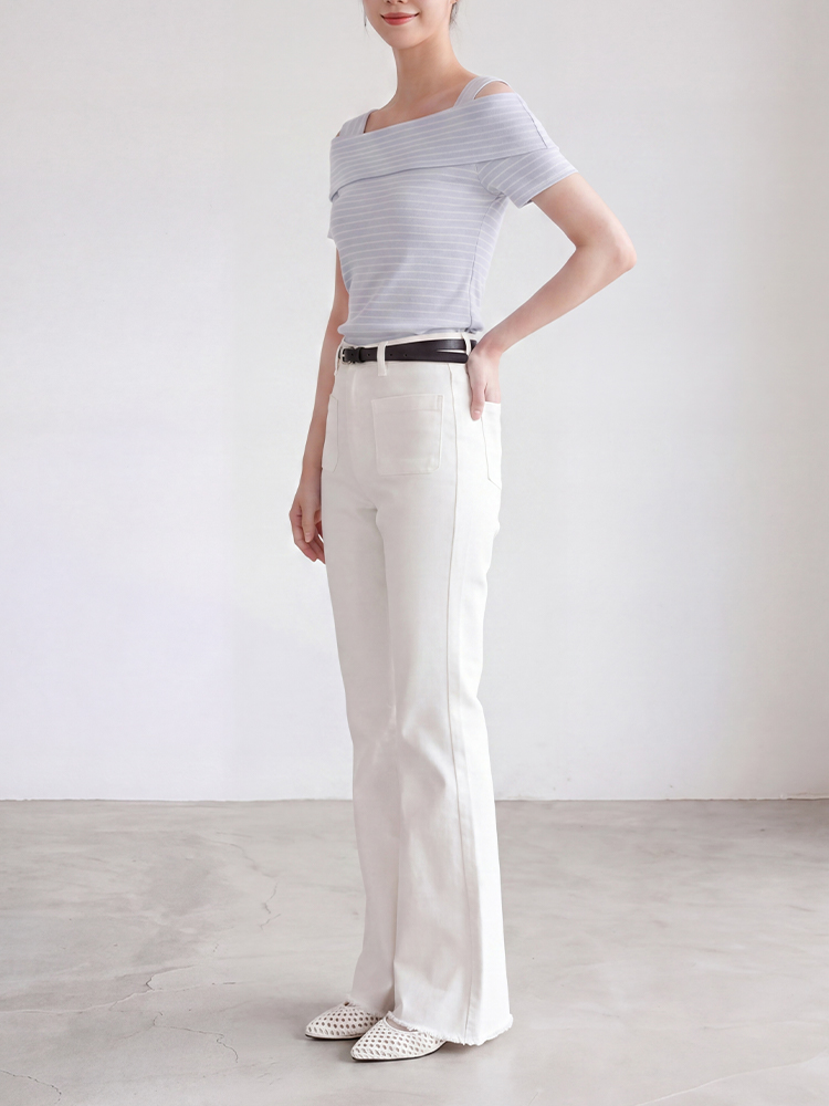 sosove-双兜磨白牛仔微辣长裤