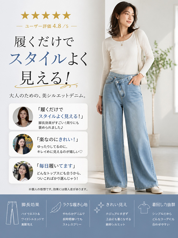 【 タイム限定 さらに20%OFF】斜めボタンワイドデニム｜個性的な斜めデザインでウエストすっきり オールシーズン対応【大きめサイズですので、ワンサイズ下をおすすめします】