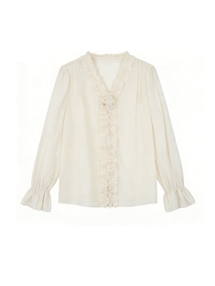 【フレンチシャツ】フリル & 立体フラワーで優しい雰囲気、薄手で通気性抜群、軽やかな着心地