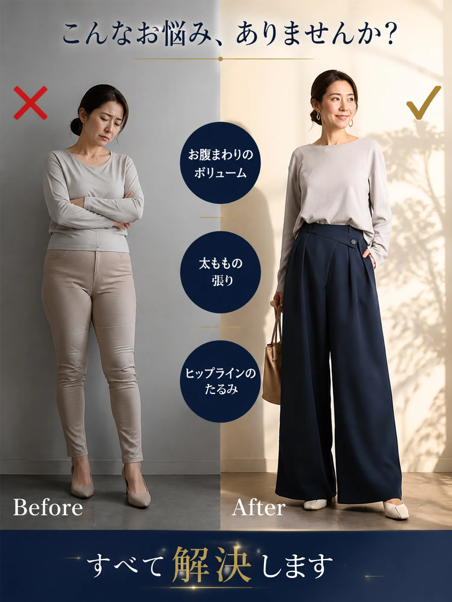【アシンメトリーハイウエストワイドパンツ】折り込み斜め前立て、ドレープスラックス。前すっきり後ろゆとりで快適。
