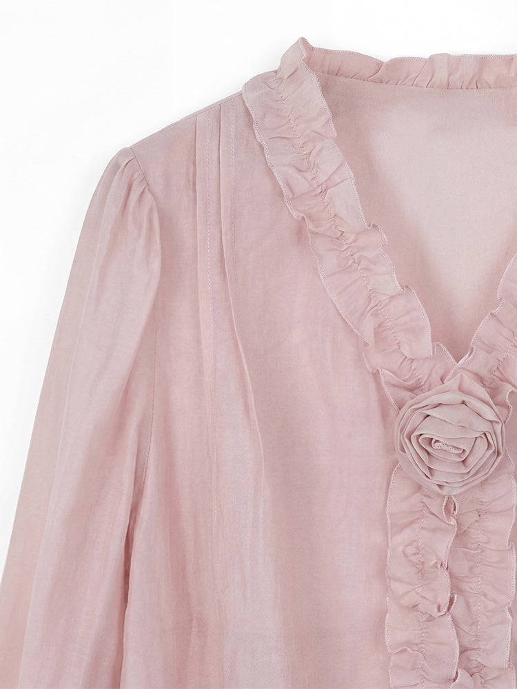 【フレンチシャツ】フリル & 立体フラワーで優しい雰囲気、薄手で通気性抜群、軽やかな着心地