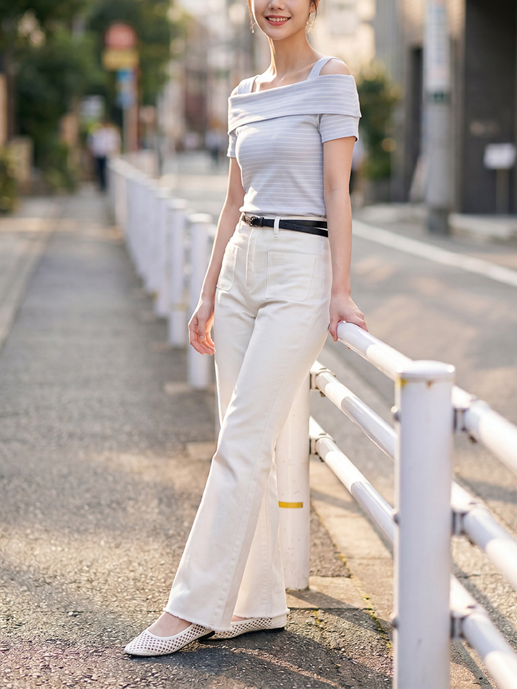 sosove-双兜磨白牛仔微辣长裤