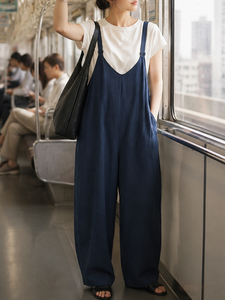 【リラックスカジュアルサスペンダーパンツ】ドレープ感抜群、シワになりにくく通気性、ゆったりとしたランプシルエットのサスペンダーパンツ