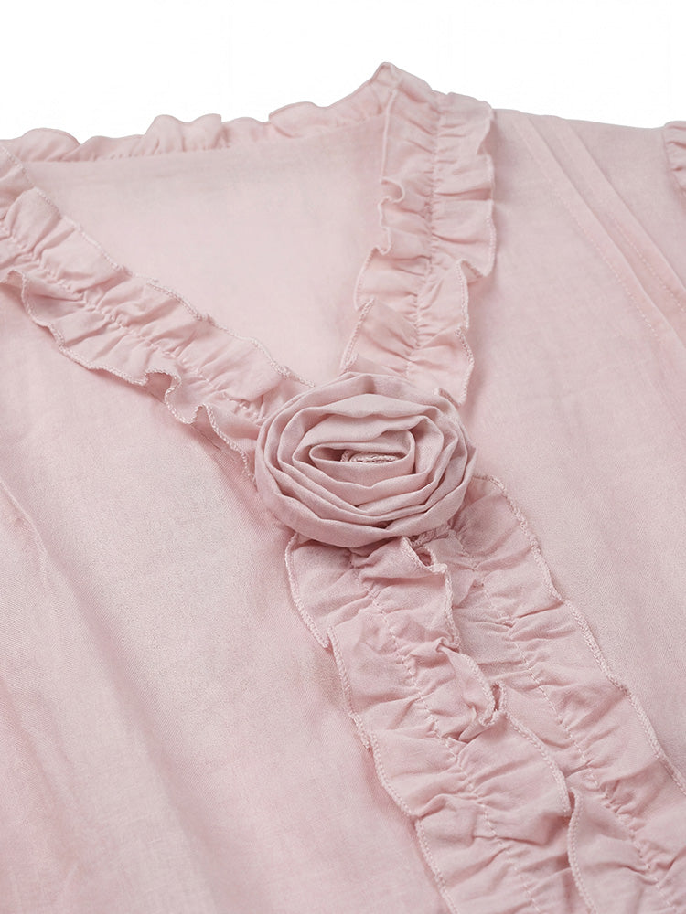 【フレンチシャツ】フリル & 立体フラワーで優しい雰囲気、薄手で通気性抜群、軽やかな着心地