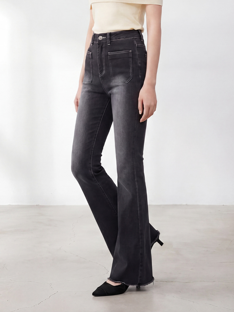 sosove-双兜磨白牛仔微辣长裤