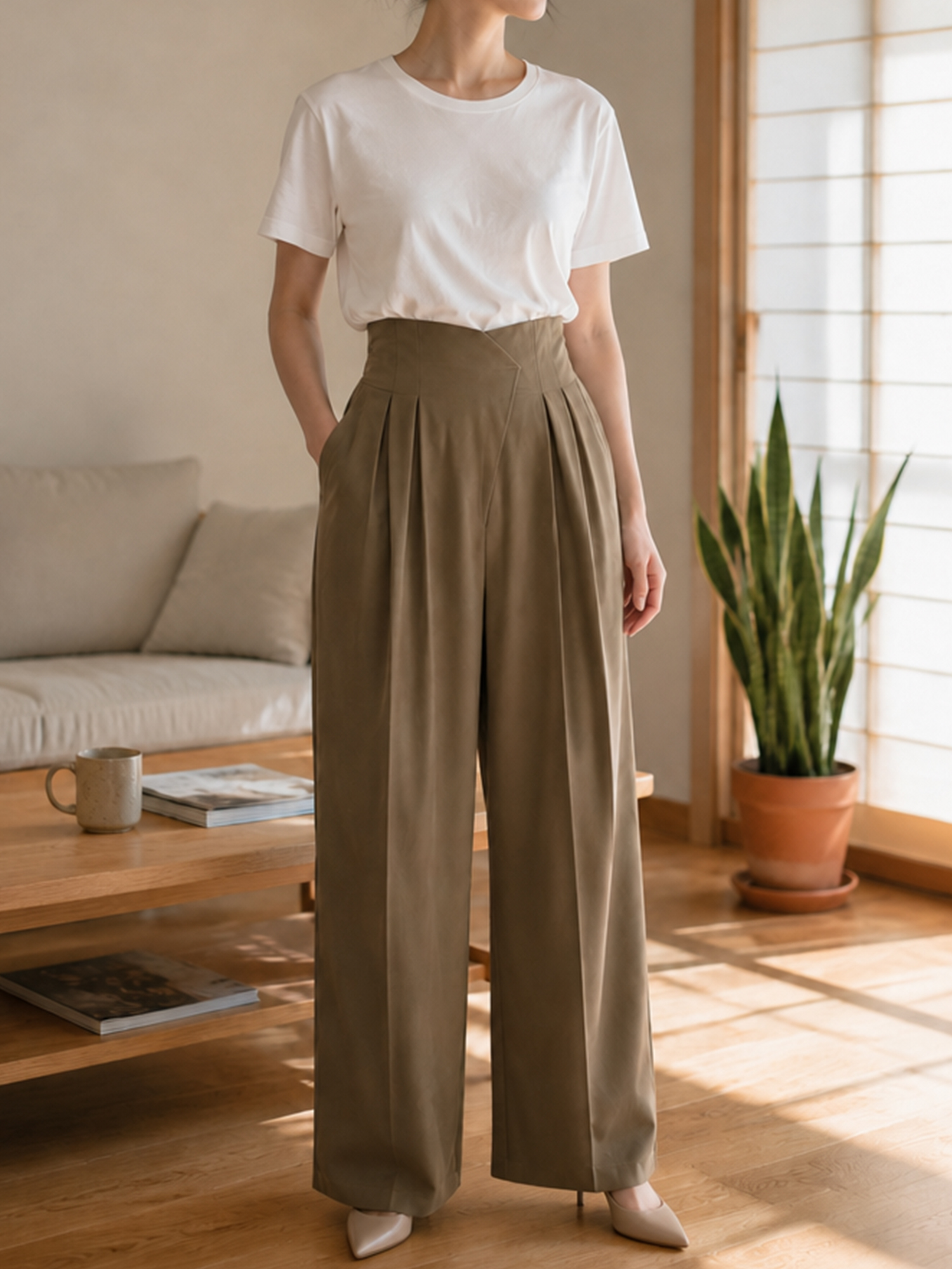 【デザインウエスト ハイウエストワイドパンツ】