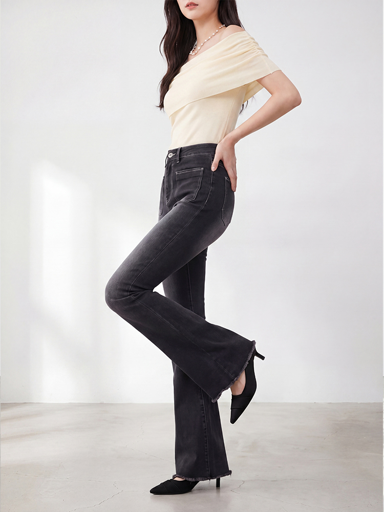 sosove-双兜磨白牛仔微辣长裤