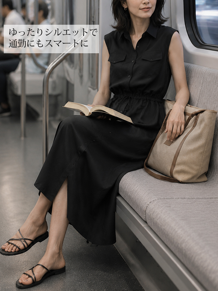 【ノースリーブポケット付きミディ丈レイヤードカラーワンピース】ストンと落ちるドレープ×カーゴ風ミニ襟。わき肉を隠してフェイスラインすっきり。ハイウエストドローコードで体型調整も自在。