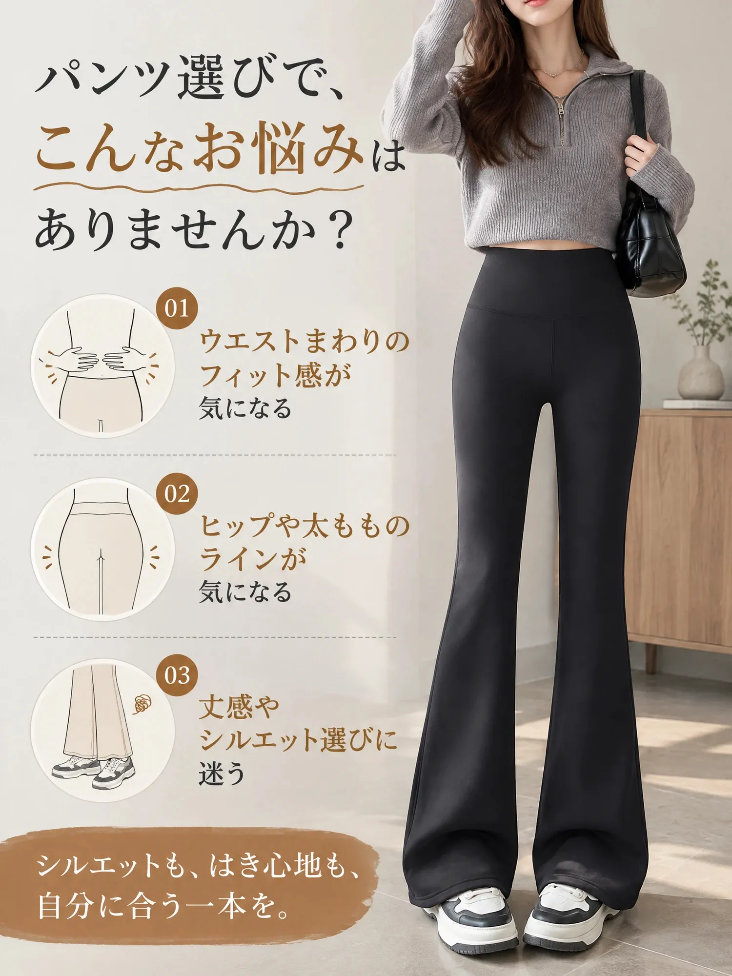 【ハイウエストスリム美脚裏微起毛セミフレアパンツ】