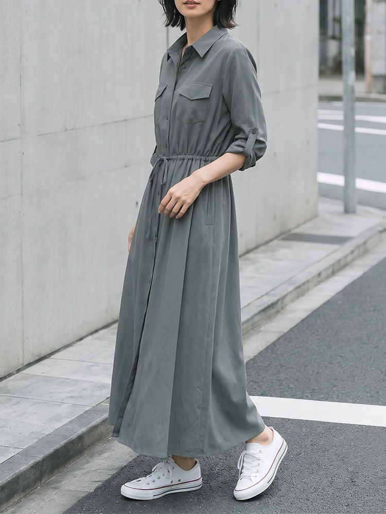 【美シルエット・体型カバー】ウエストドロスト ロングシャツワンピース