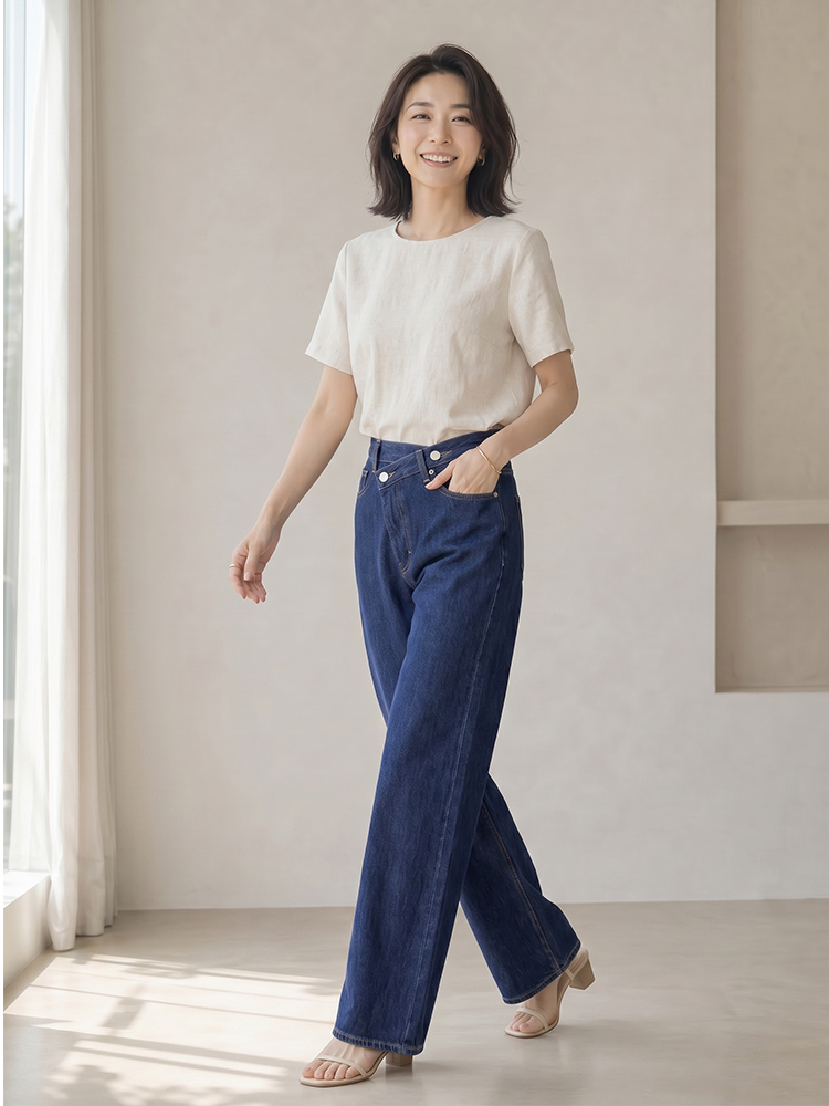 【 タイム限定 さらに20%OFF】斜めボタンワイドデニム｜個性的な斜めデザインでウエストすっきり オールシーズン対応【大きめサイズですので、ワンサイズ下をおすすめします】
