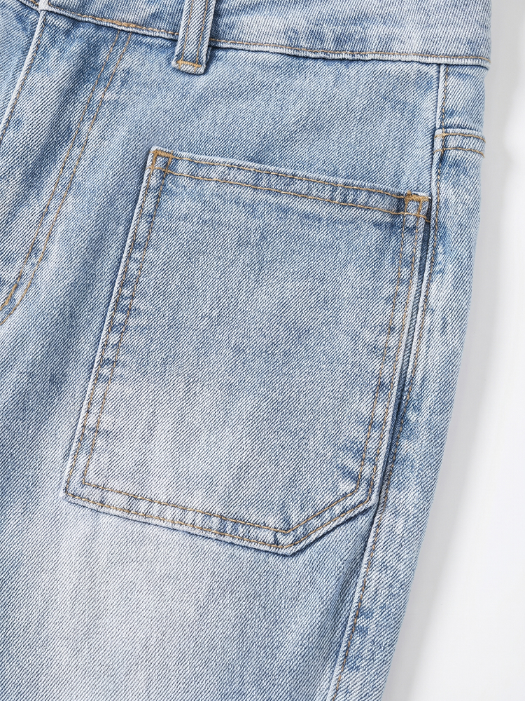 sosove-双兜磨白牛仔微辣长裤