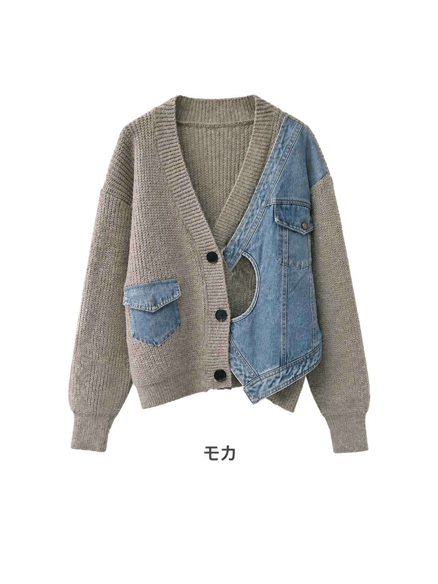 SOSOVE‐デザイン性 不規則デザイン デニム切替 ニットアウター／ニットジャケット
