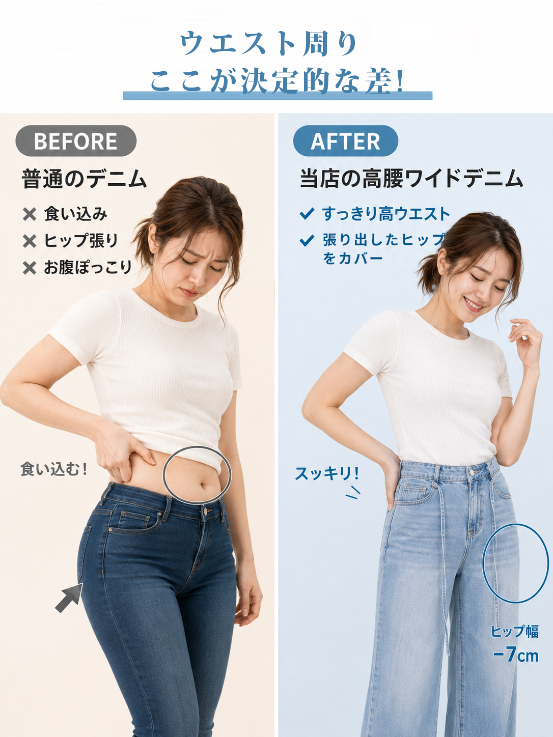 【ウエストドローコードストレートワイドジーンズ】ウエストから垂れる2本の細いストラップ：視線をそらし、お腹を目立たなくします。「クラシックハイウエスト設計」と組み合わせることで、胃もとから下腹部の脂肪をムラなくフラットに包み込み、引き上げます。