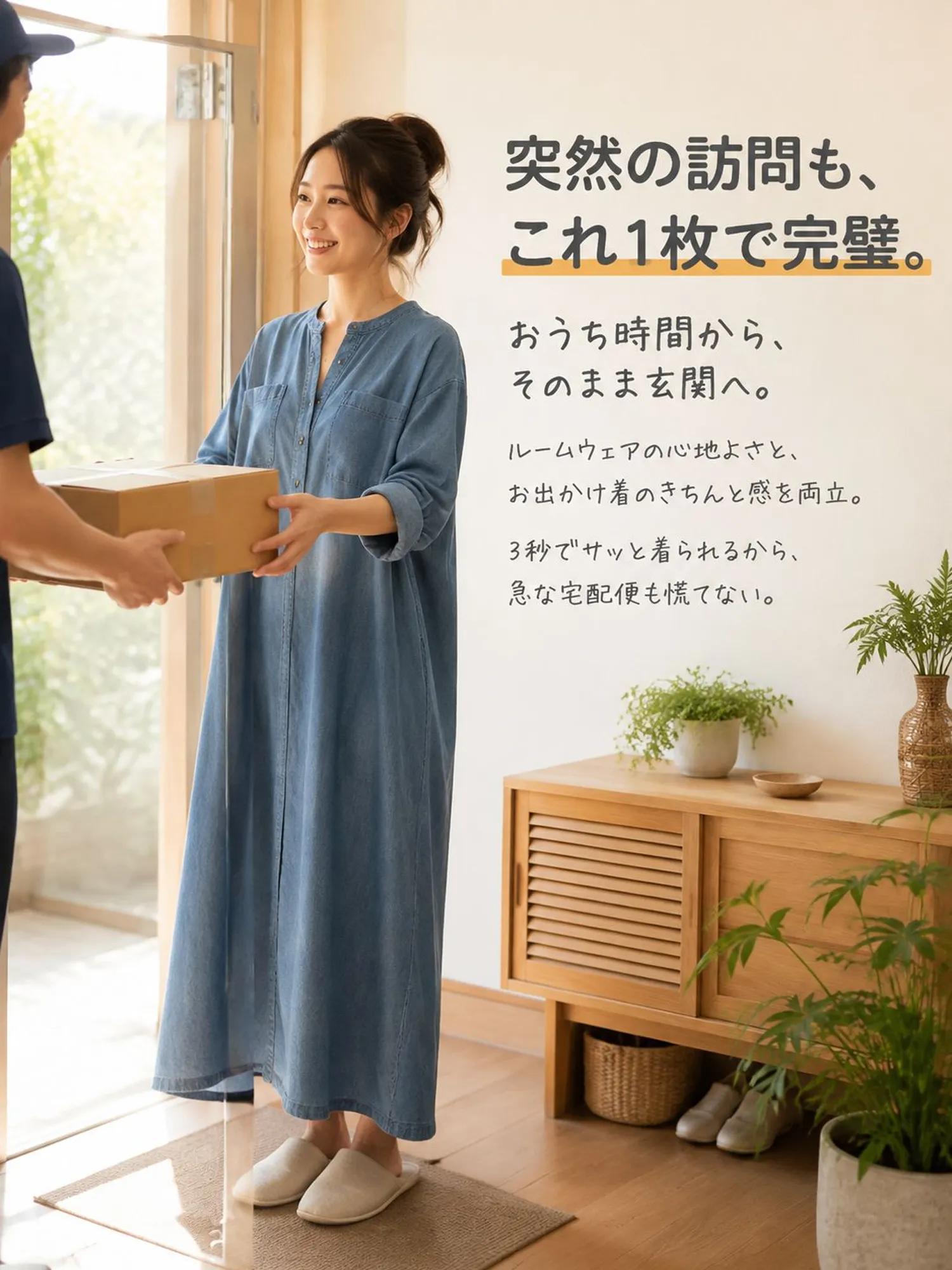 【ヴィンテージ風ルーズデニムシャツワンピース】ゆったりとしたストレートシルエットが、ウエスト・ヒップ・脚のラインを自然にカバー