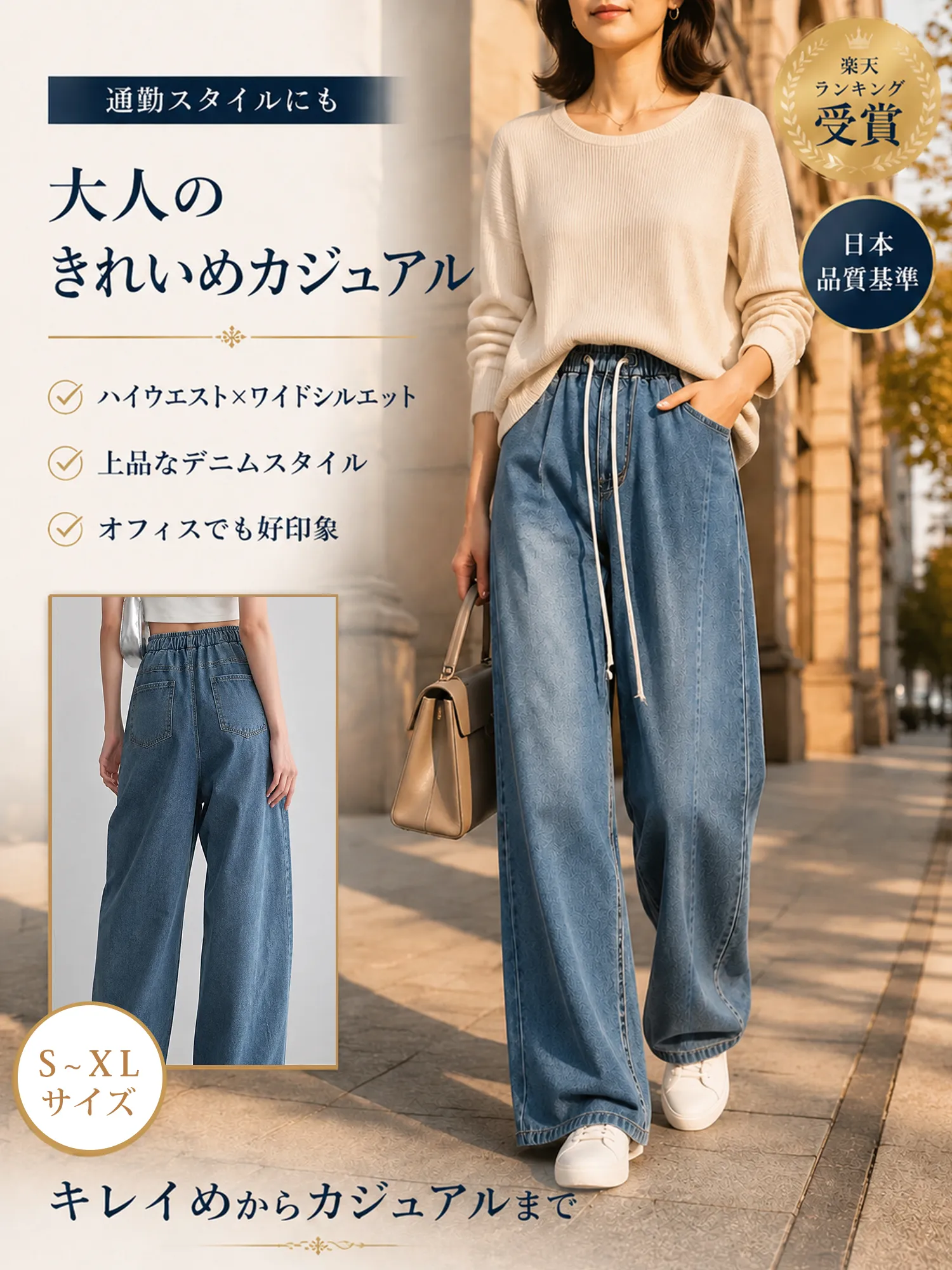 【黄金比バランス設計】腰まわりをカバーするハイウエストデニムパンツ