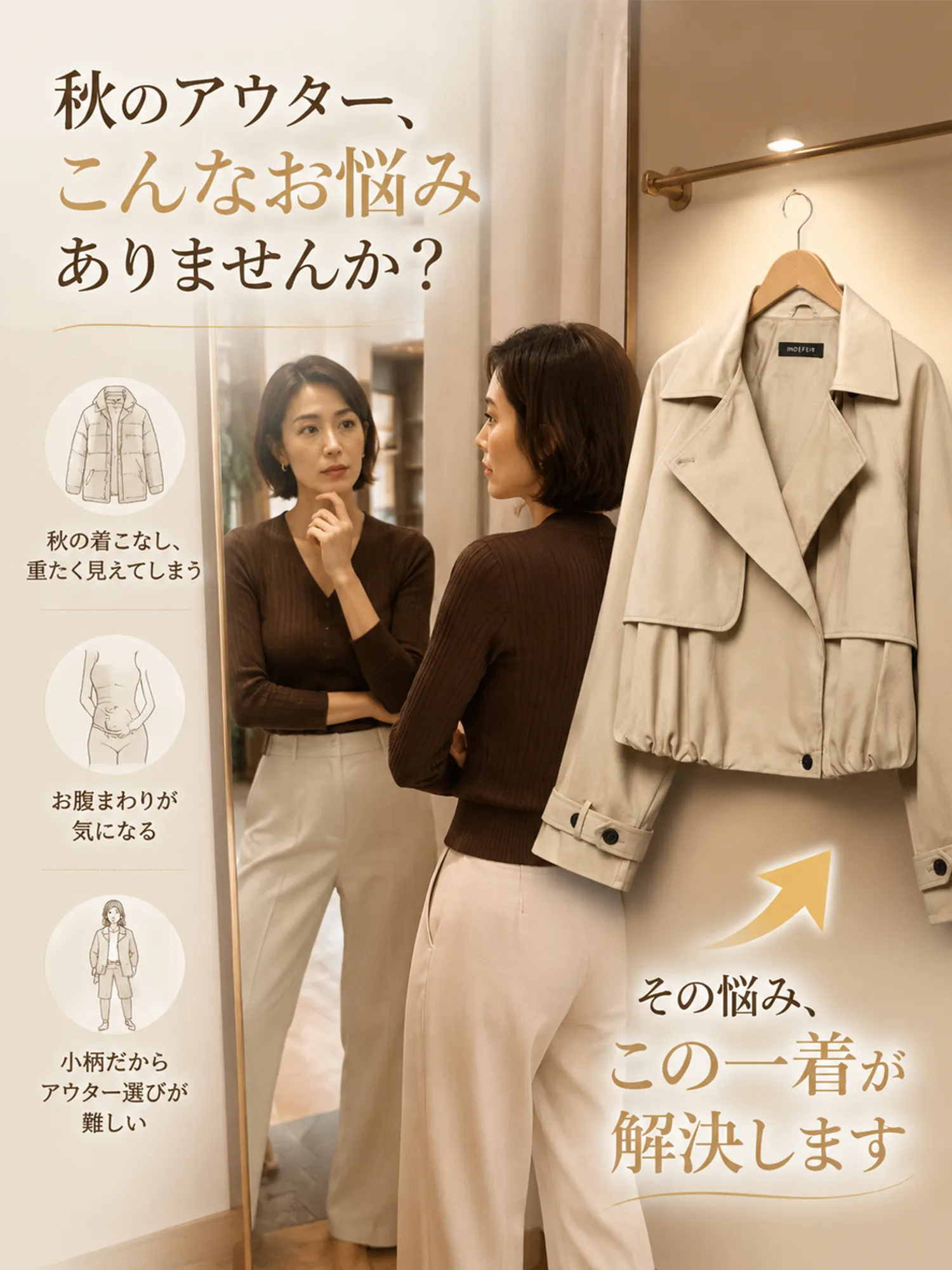 【裾ギャザーショートトレンチジャケット】 ワイドラペル＋アシンメトリーフロントで、 肩まわり・首元をすっきり見せ、きちんと感をプラス。