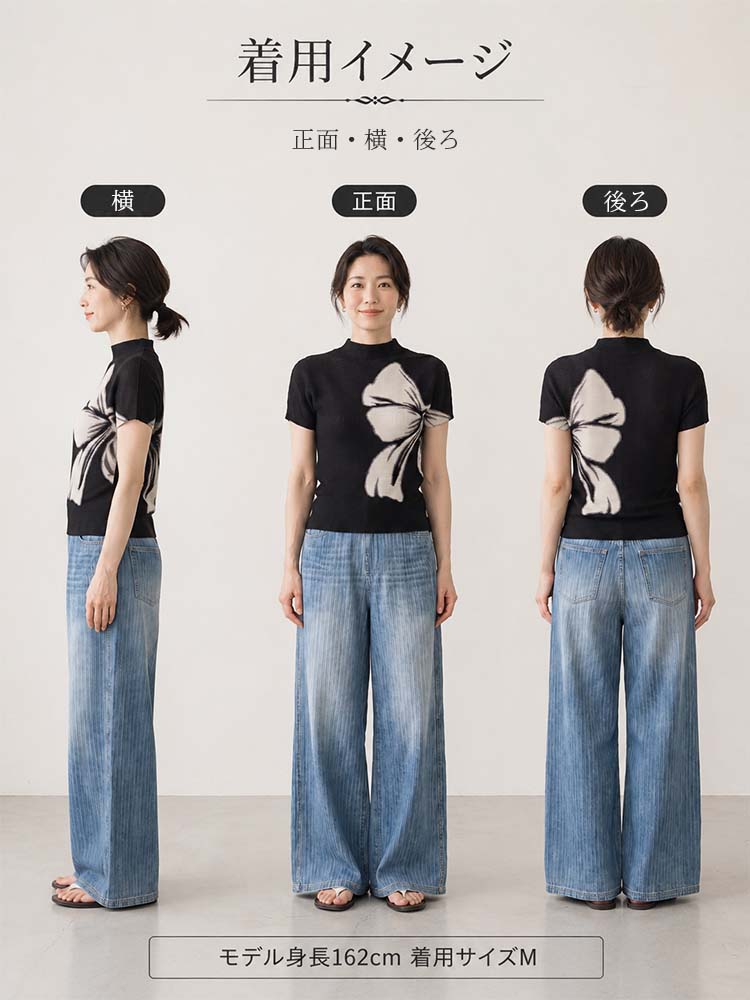 【洗練された通勤の必須アイテム】白黒リボンプリント、程よい凹凸感のあるプリーツブラウス-sosove