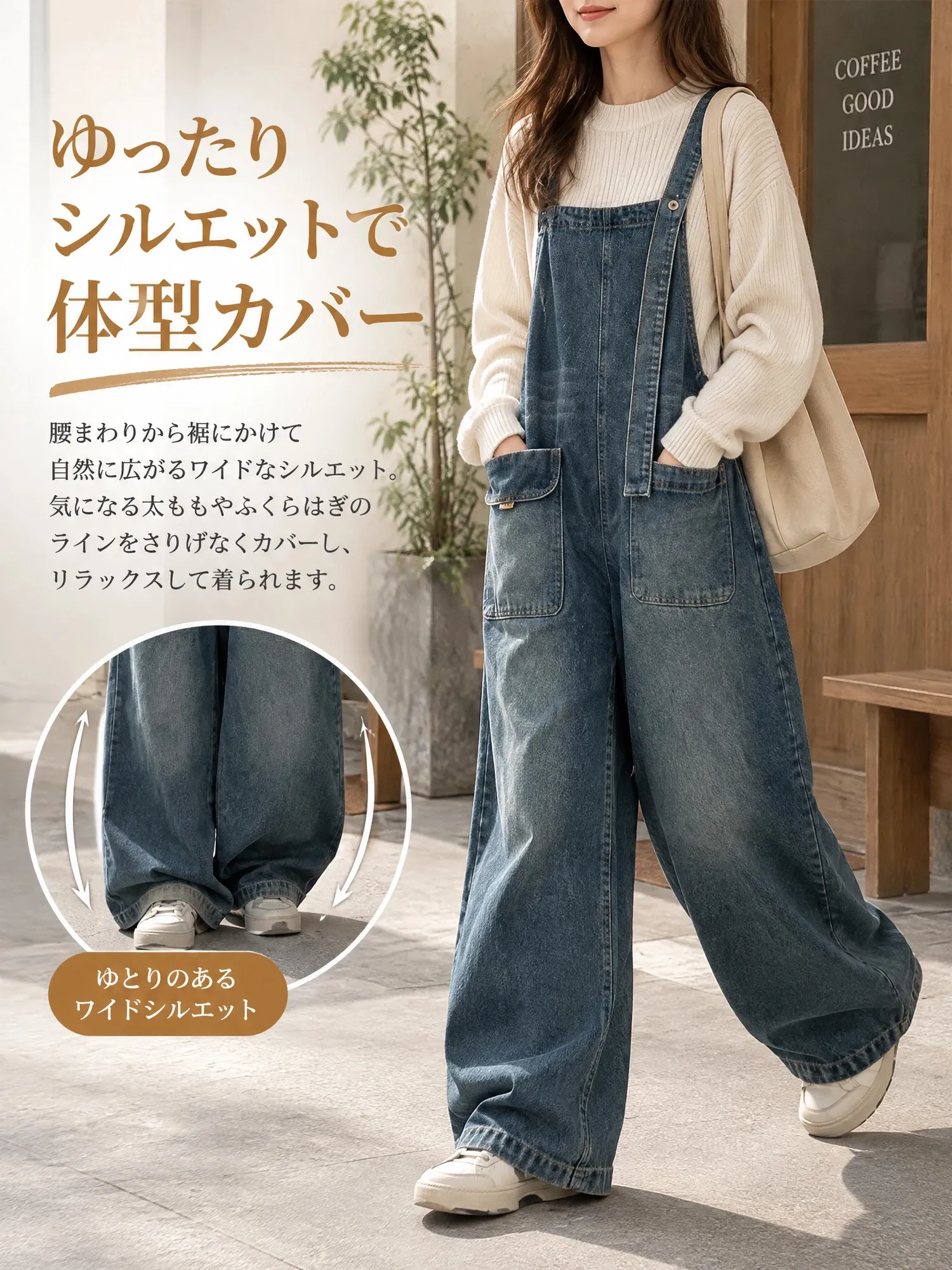 【レディース デニムサロペット アシンメトリーショルダー ワイドパンツ ポケット付き 】