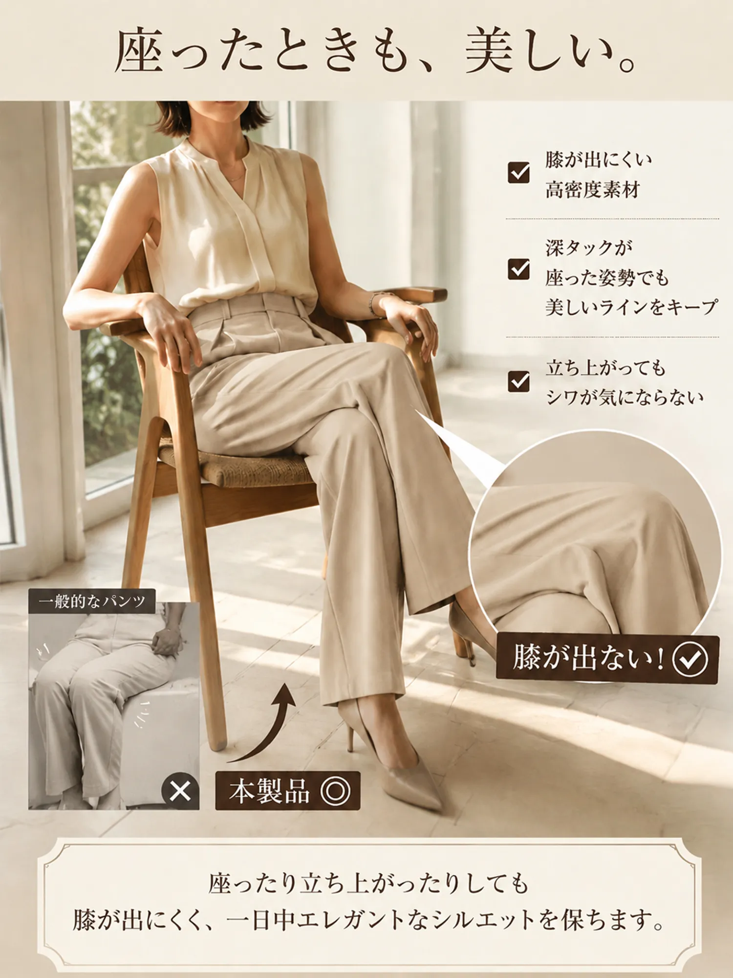 【ダレ感プリーツゆとりワイドパンツ】スーツの高さをキープする「インタック」を採用し、お腹を押さえて少し突き出し、骨盤を横に広げるようにしました。