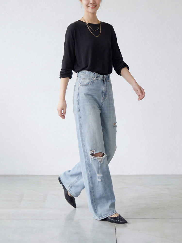 【ヴィンテージウォッシュ デニムワイドパンツ】 ウォッシュ加工＆ダメージ ゆったりシルエット すっきり見え