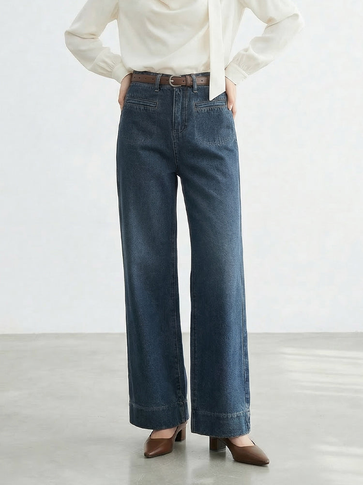 【ハイウエストスリムストレートデニムパンツ】 ハイウエストデザインで低身長さんに最適、 スラッと脚長効果でスタイルアップ"