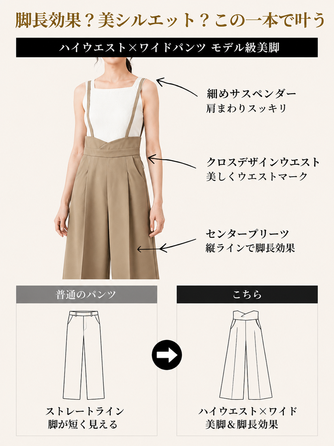 【サスペンダー付きスラックス】ウエストを引き締めるデザイン、スタイルアップ、後ろウエストに隠しファスナーで脱ぎ履きラクラク、美しく上品