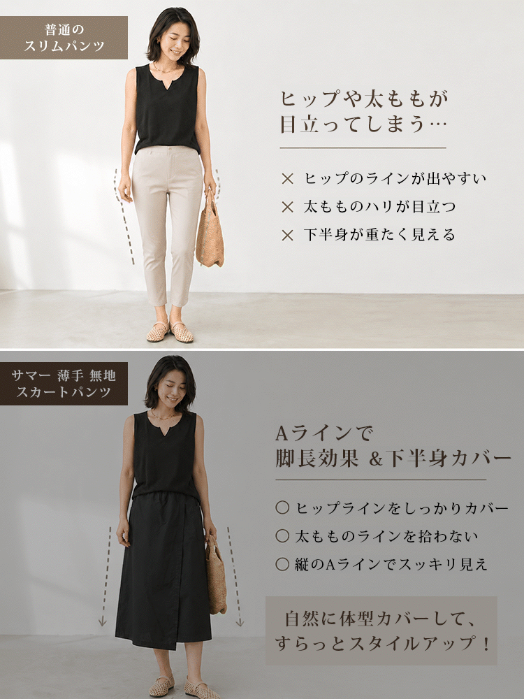 【夏用コットン薄手無地キュロット】  両サイドのポケットに小物がすっきり収まり、前のスリットが全体に軽やかな動きをプラス。歩くたびにふわりと揺れるシルエットが、スカートのやわらかさとパンツのきれはの良さを兼ね備えています。-sosove