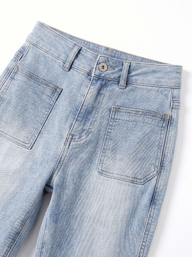 sosove-双兜磨白牛仔微辣长裤