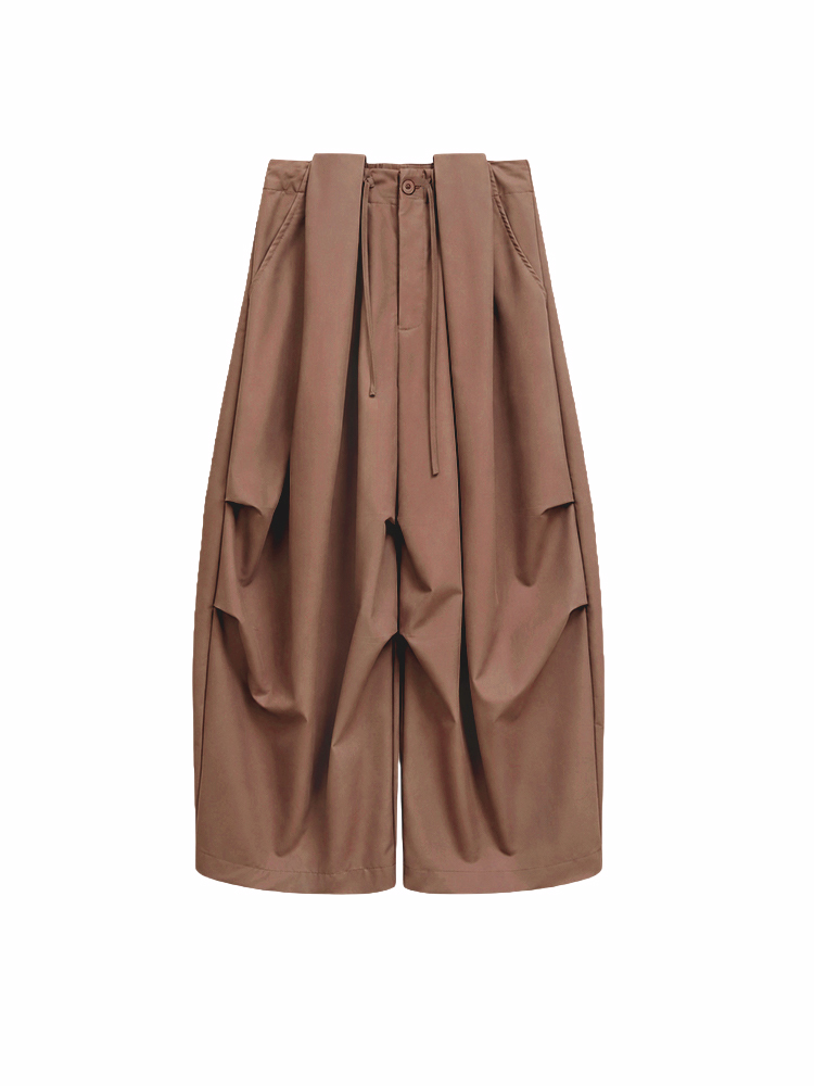 【カーゴパンツ】ゆったりドローストリング・ウォッシュ加工、バルーンシルエット。体型をカバーし、ウエストベルト調節でさまざまな体型・身長に対応。