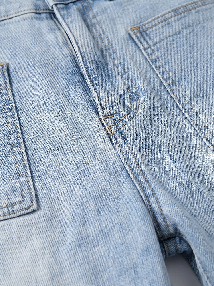 sosove-双兜磨白牛仔微辣长裤